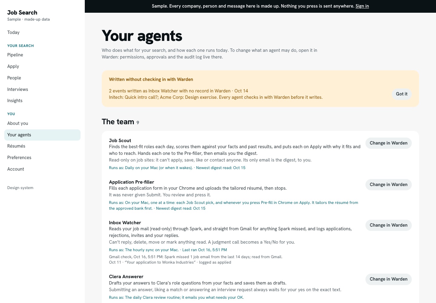 Your agents: each agent's job, what it can't do, how it runs, and a Change in Warden button