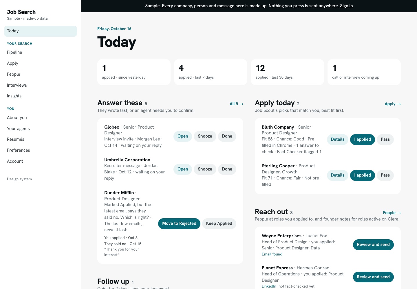 Job Search's Today page: applied counts, then Answer these, Apply today and Reach out, every row with a button